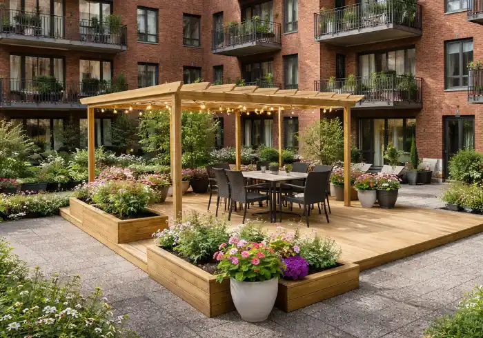 Trall och pergola i utemiljö för en brf